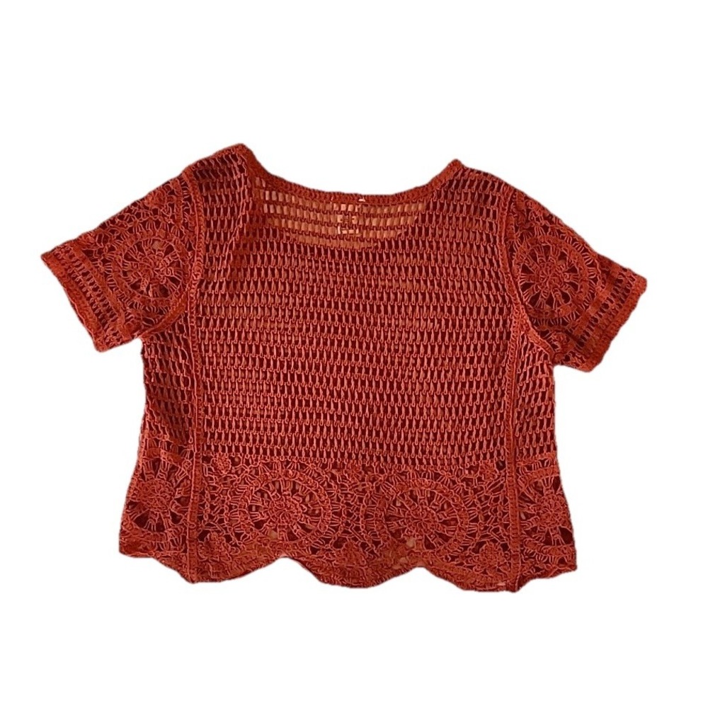 Ultra Pink Womens Crochet Top L Orange Open Knit Layering Boho Festival Cottage - Picture 4 of 9